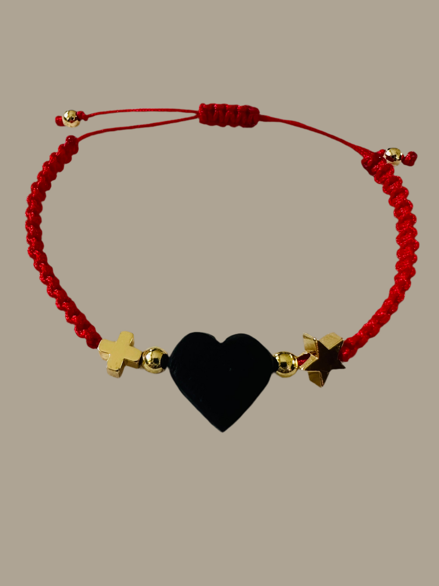Azabache Heart with Gold Star and Cross