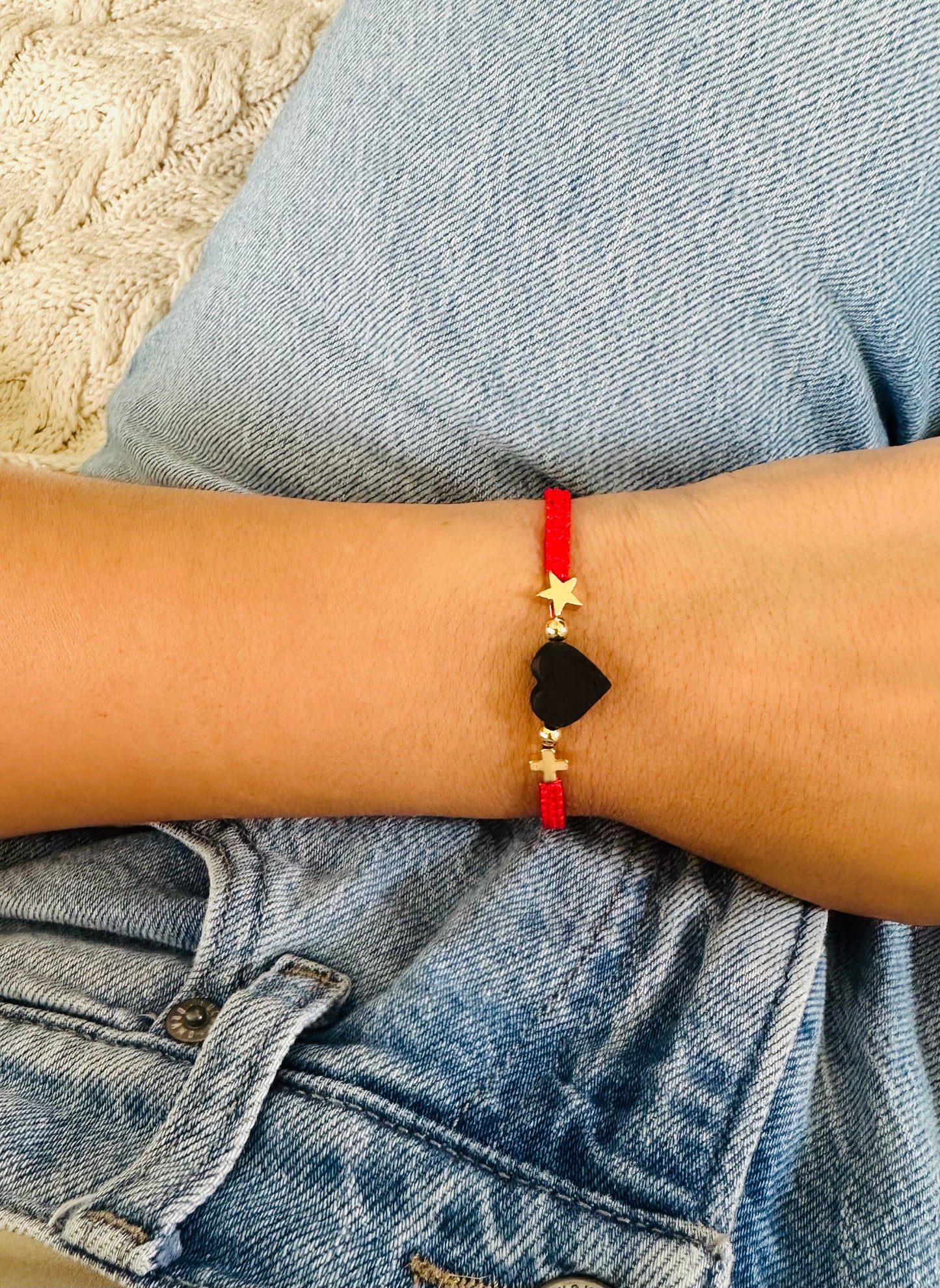 Azabache Heart with Gold Star and Cross