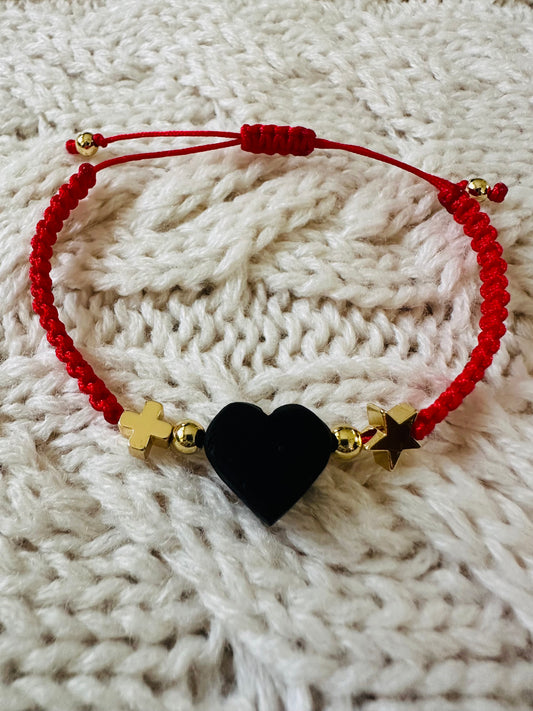 Azabache Heart with Gold Star and Cross